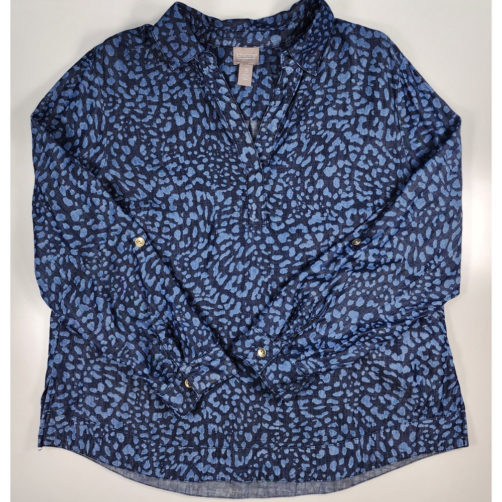 Chico's Women's Animal Print Coastal Resort Artsy‎ Lyocell Tunic Blouse Size 3